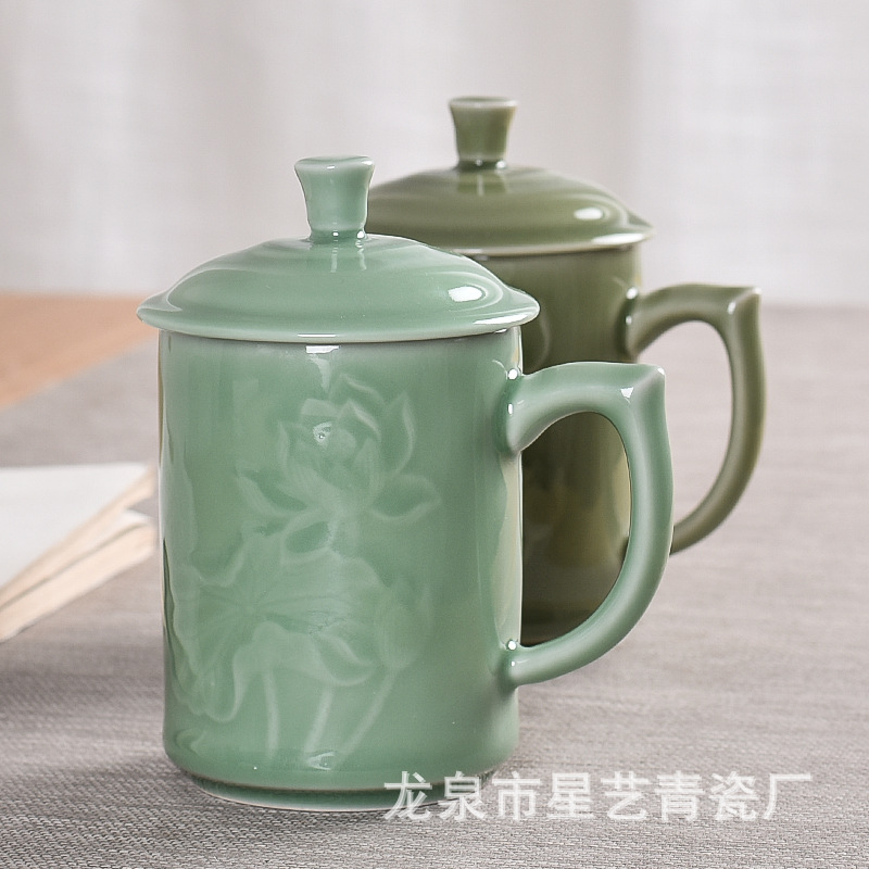 wholesale Office meeting Front Make tea Drink plenty of water glass With cover household Water cup Celadon club Entertain teacup