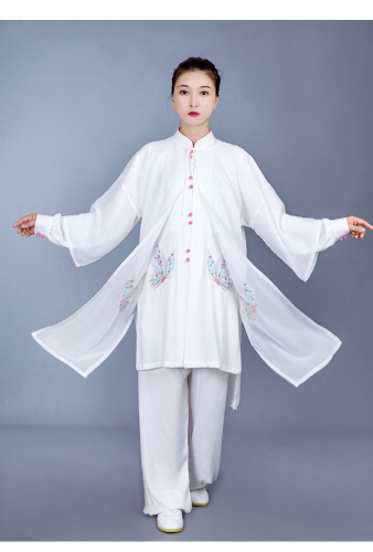 White printed taichi clothing for women chinese kung fu 3 pieces in one set elegant thin linen cotton and linen trousers tai chi fitness exercises uniforms 