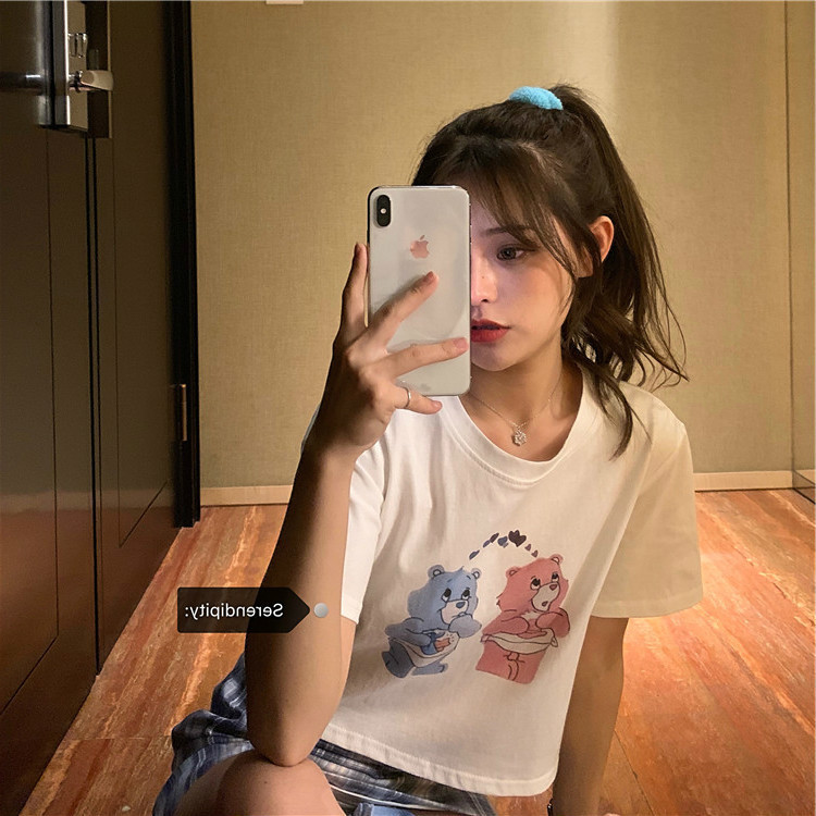 Sweet and Beautiful Summer Elf Vintage Old Short Top Cute Bear Printed Short-sleeved T-shirt for Women