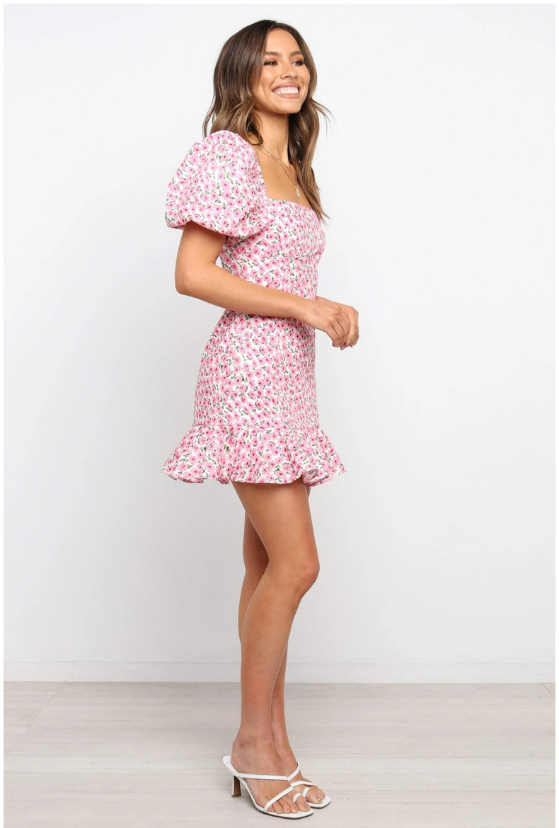 square neck short puff sleeve slim ruffle floral dress NSJRM125260