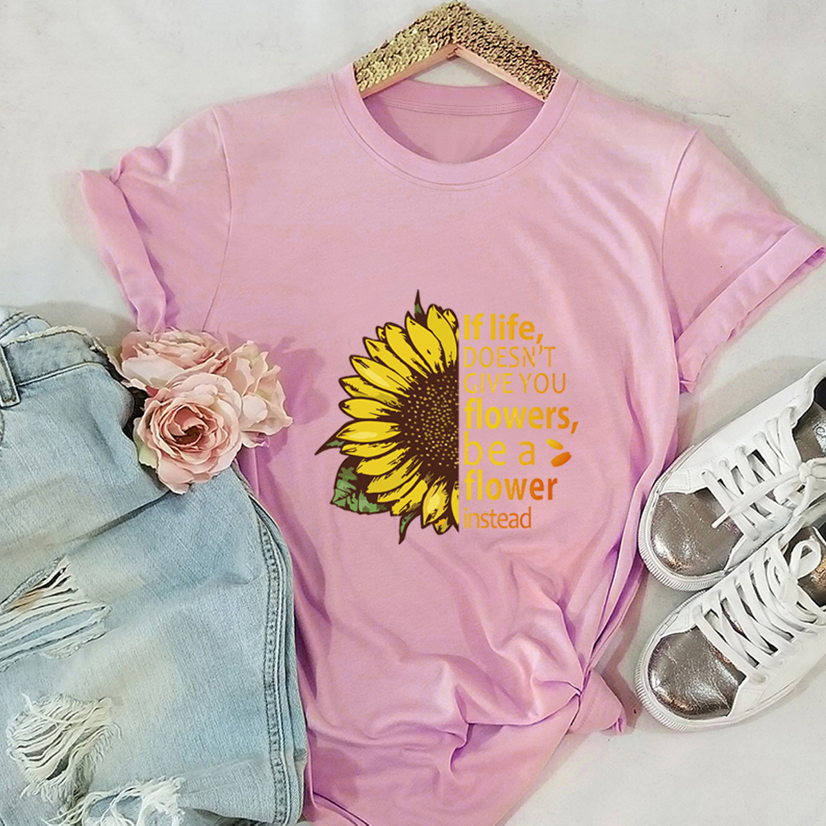 camiseta casual de mujer de manga corta con girasol NSSN1788