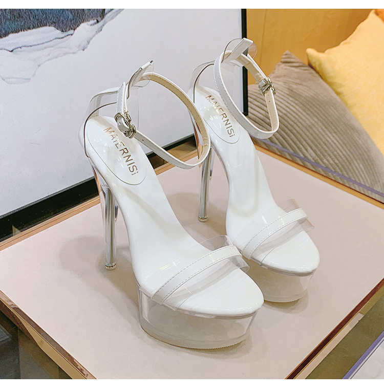 Dép sandal nữ gót nhọn pha lê trong suốt, đế cao 11 cm, quai móc cài — Màu bạc, Màu trắng, Màu đen chi tiết 30