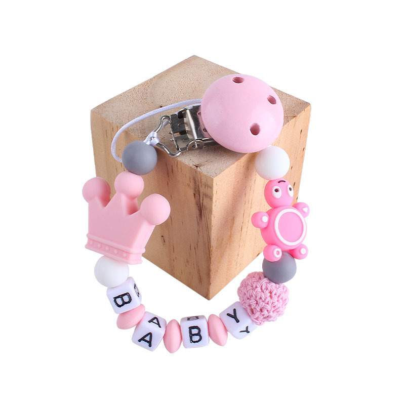 Bebé de plástico carta chupete clip bebé calmante corona de silicona tortuga mordedor chupete cadena anti-gota cadena