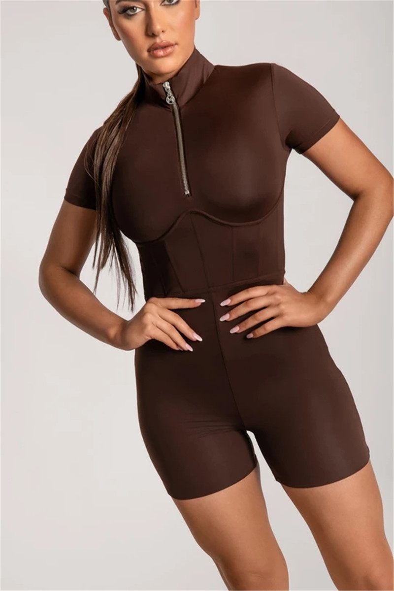 round neck zipper tight short-sleeved jumpsuit  NSFD30647