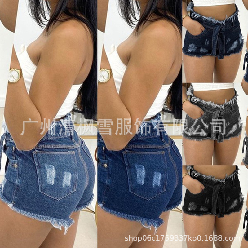 亚马逊eBay2020热卖女装牛仔短裤腰带破洞高腰包臀牛仔裤wish爆款
