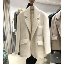 韓國東大門2022秋冬新款毛絨翻領西裝外套女百搭氣質純色毛呢大衣