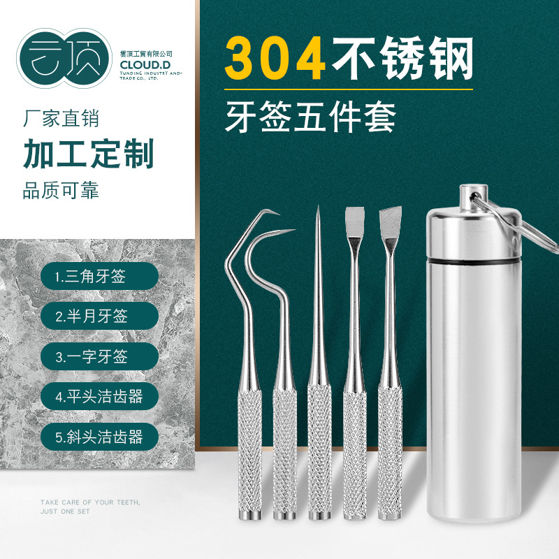 新款 - 304不鏽鋼便攜式牙簽剔牙工具口腔牙齒護理工具水果簽套裝