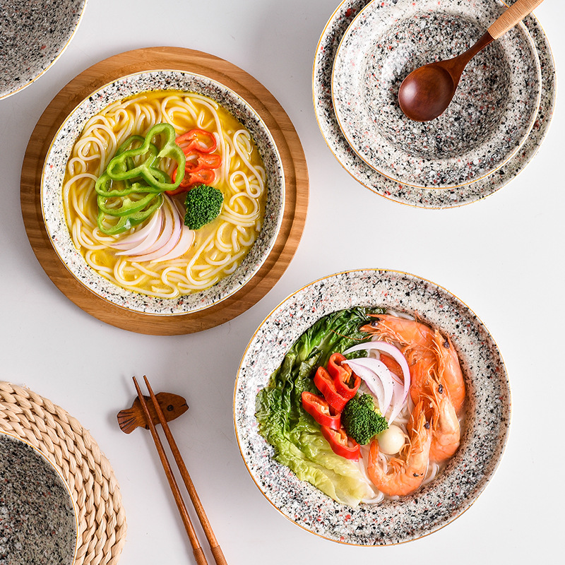 Horno de estilo japonés Flor de lluvia esmalte tazón de fideos de cerámica tazón de ensalada de frutas borde dorado mármol sombrero de paja tazón cubo tazón de sopa grande