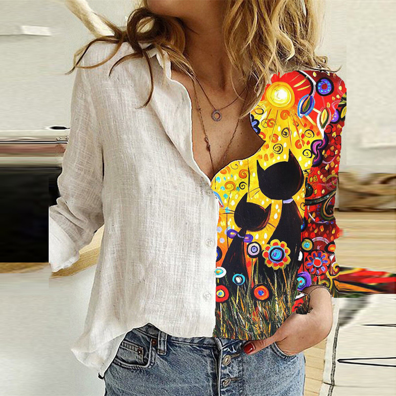 # Foreign Trade Cross-border Fashion Women's Loose Cartoon Animal Cat Digital Printing Long Sleeve Women's Shirt 9039 # Foreign Trade Cross-border Fashion Women's Loose Cartoon Animal Cat Digital Printing Long Sleeve Women's Shirt 9039