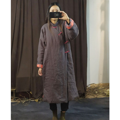 原创亚麻冬季长款夹棉斜襟盘扣中式棉袄复古文艺大码棉袍*素笺