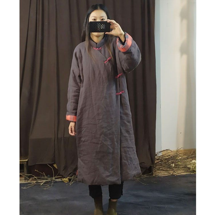 原创亚麻冬季长款夹棉斜襟盘扣中式棉袄复古文艺大码棉袍*素笺