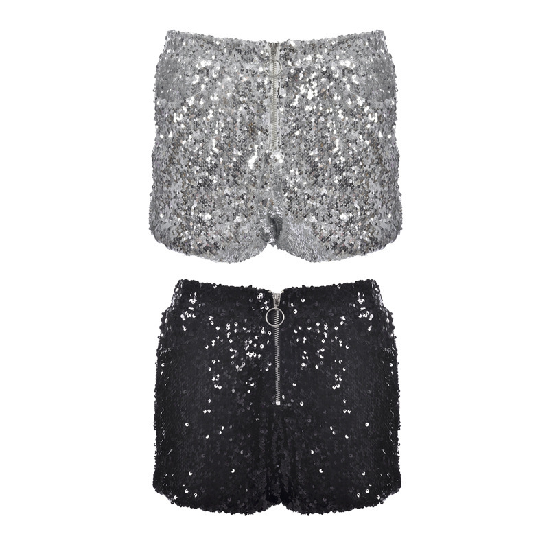Casual Zipper Hip-Hugging Shorts with All-Over Sparkling Sequins, High-Waisted Straight-Leg Hot Pants for Women, Trendy and Lightweight
