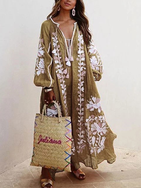 European and American Plus Size Printing Loose Lantern Sleeve Long Dress