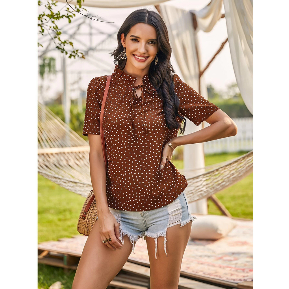 lace-up polka dot short-sleeved shirt  NSSA48707