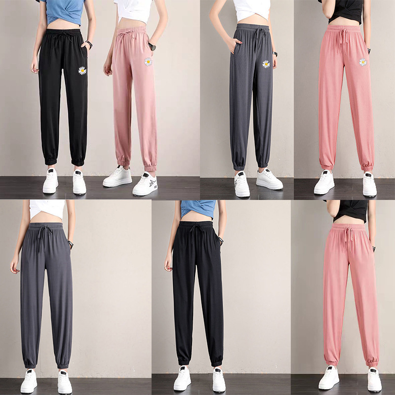 休闲裤女长裤薄冰丝灯笼裤新款宽松束脚防蚊裤休闲夏季学生运动裤|ru