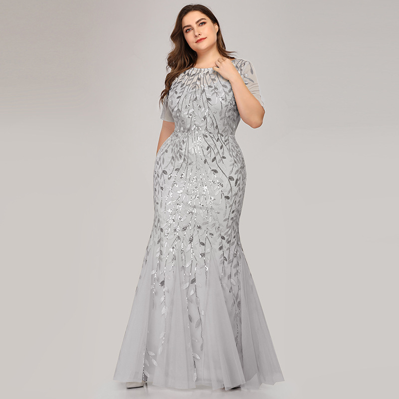 Slim Fit Type Fashion Formal Solid Color Round Neck Short Sleeve Lace Polyester Dresses Maxi Long Dress Evening Gown