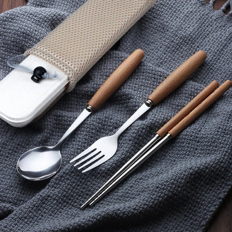 Japanese-style wooden handle stainless steel knife, fork and spoon tableware set Japanese and Korean-style solid wood spoon Fork stainless steel wooden handle knife, fork and spoon chopsticks