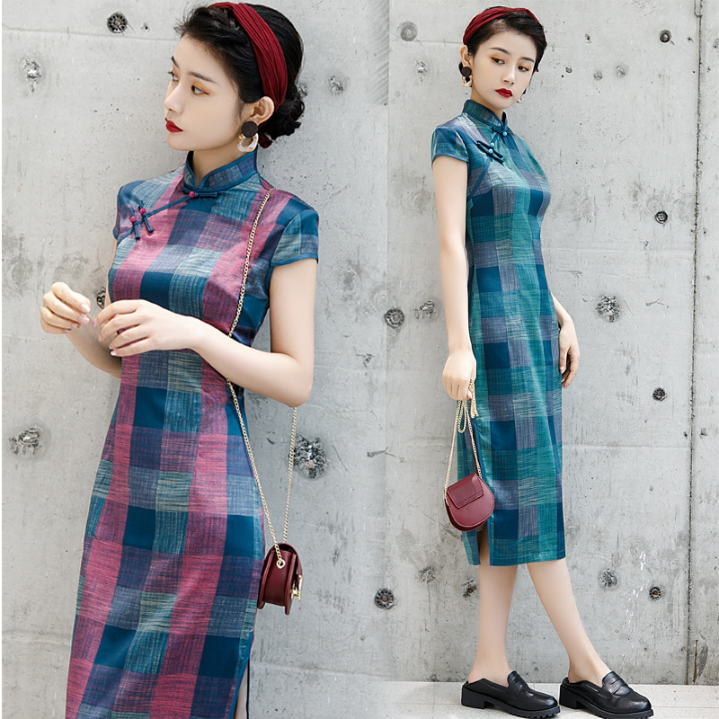 Chinese Dress Qipao for women cheongsam retro long Plaid cheongsam standing collar large size cheongsam cheongsam