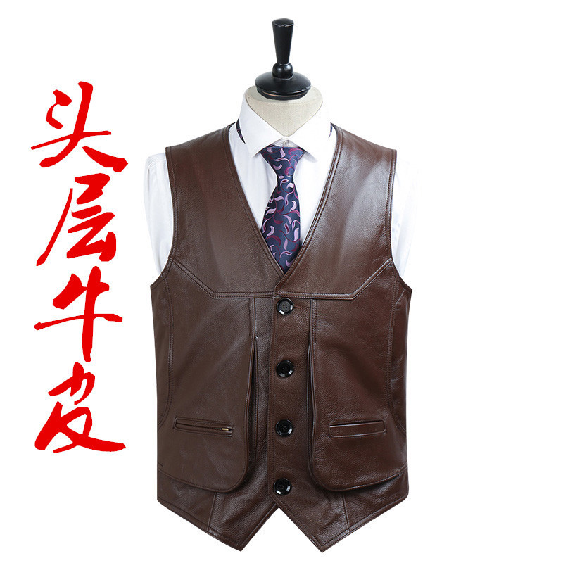 Leather Vest Slim-fit Trendy Men's Top-layer Cowhide Horse Clip Single-leather Short-style Car Suit Outdoor Spring and Autumn Multi-pocket Photography Leather Vest Slim-fit Trendy Men's Top-layer Cowhide Horse Clip Single-leather Short-style Car Suit Outdoor Spring and Autumn Multi-pocket Photography