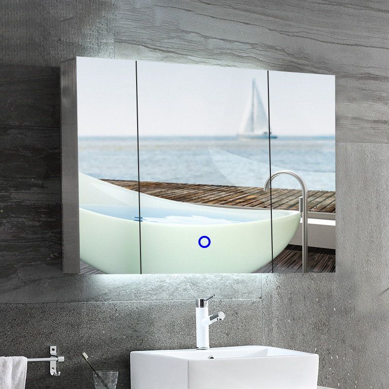 智能不锈钢浴室镜柜镜箱带灯挂墙式卫生间镜子带置物架柜拉丝|ms