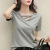 Summer white T-shirt, black brand top for leisure, with short sleeve, 2022 collection, V-neckline, Korean style