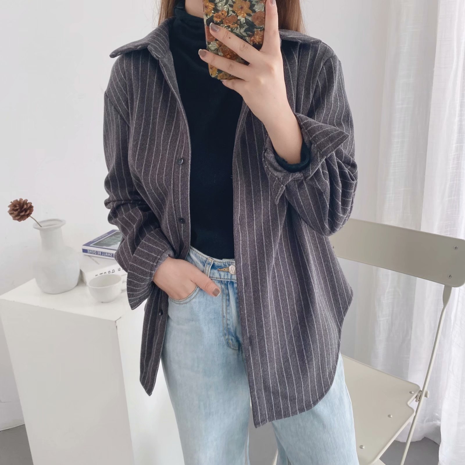 women s striped women long-sleeved loose shirt NSAM5588