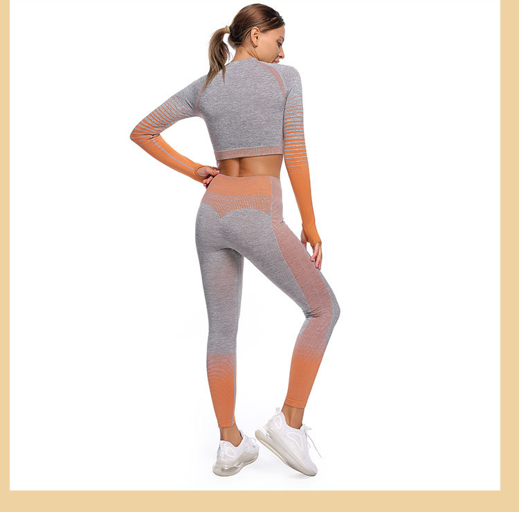 seamless long-sleeved tops striped knitted hip-lifting elastic pants sports suit  NSZJZ54063