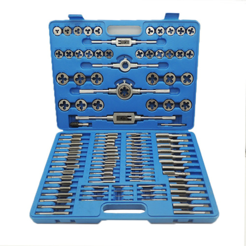 Complete set of tap and die set with 110 pieces, including taps, dies, tap wrench, and die holder