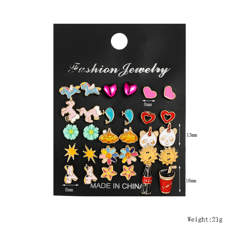 Fashion Painting Bow Knot Five-pointed Star Animal Flower Stud Earrings 15 Pairs Set display picture 1