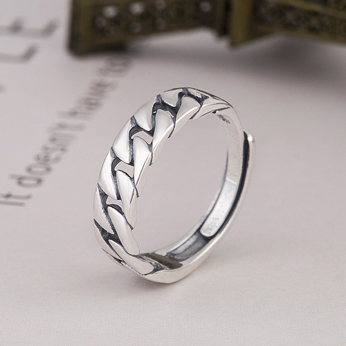 Korean version S925 sterling silver simple retro silver jewelry chain square bar overlapping cross open ring ring for women wholesale