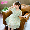 Summer dress, children's shiffon pleated skirt, with short sleeve, flowered, suitable for teen