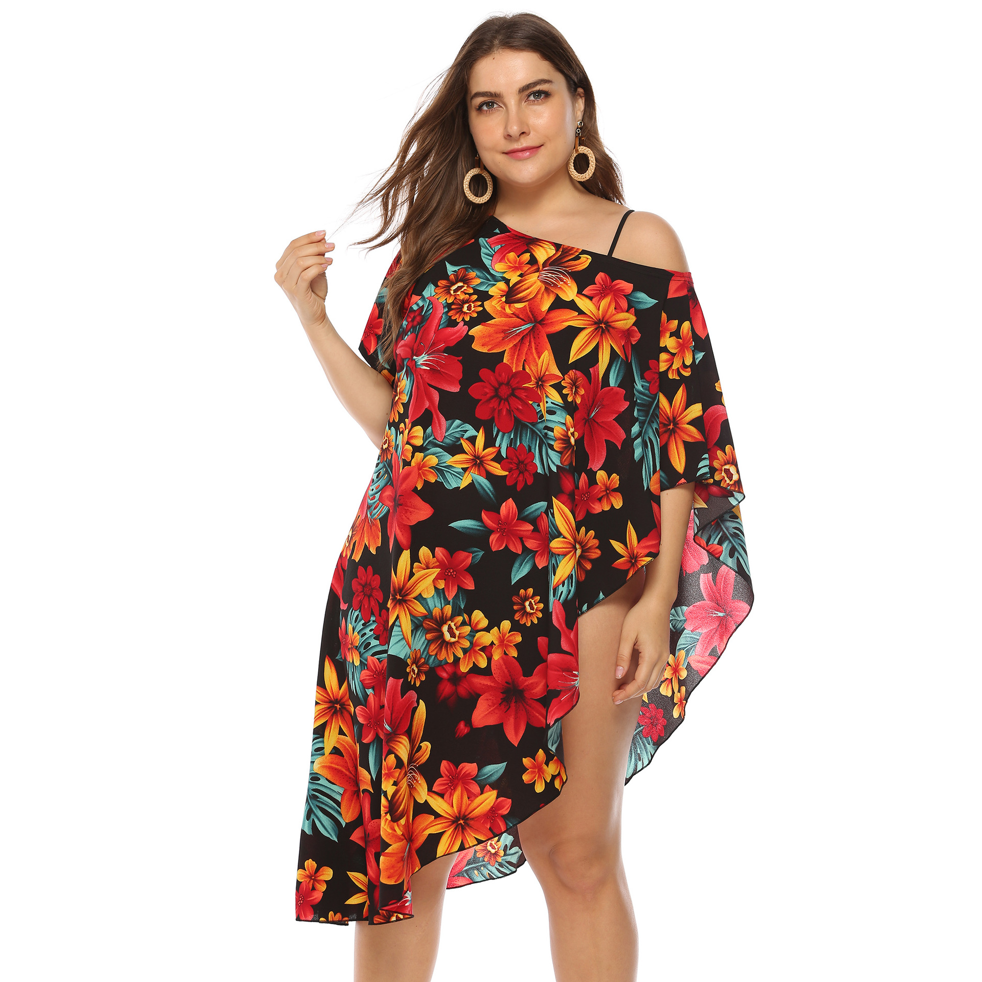 plus size plant printing irregular shoulder beach dress NSOY26861