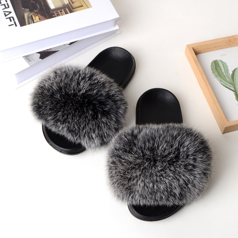 Zapatillas de piel de zorro al por mayor de comercio exterior, prendas de vestir exteriores de verano para mujer, sandalias de lana de una línea con parte inferior plana, zapatillas de felpa de colores mezclados_voghion.com