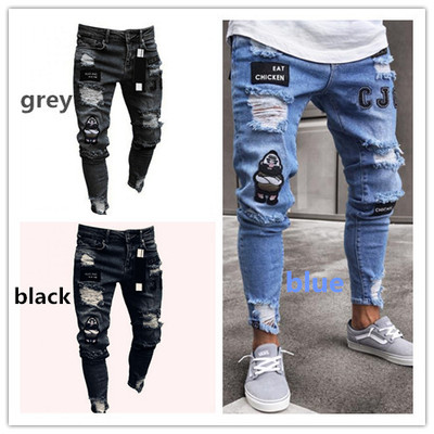 Cross border ebay AliExpress Amazon wish Europe and America man Tight fitting Jeans badge Embroidery hole Pencil Pants