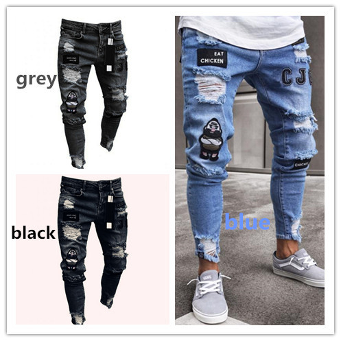 Cross border ebay AliExpress Amazon wish Europe and America man Tight fitting Jeans badge Embroidery hole Pencil Pants