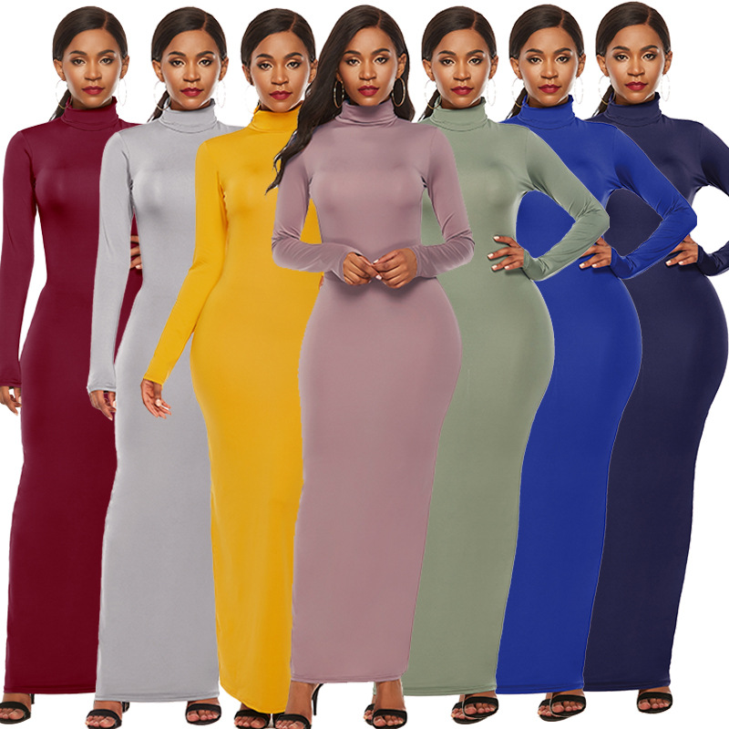 Ebay cross-border trade women's fashion European and American pure color long skirt, long sleeves, stretch, slim and high collar dress Lady Dress