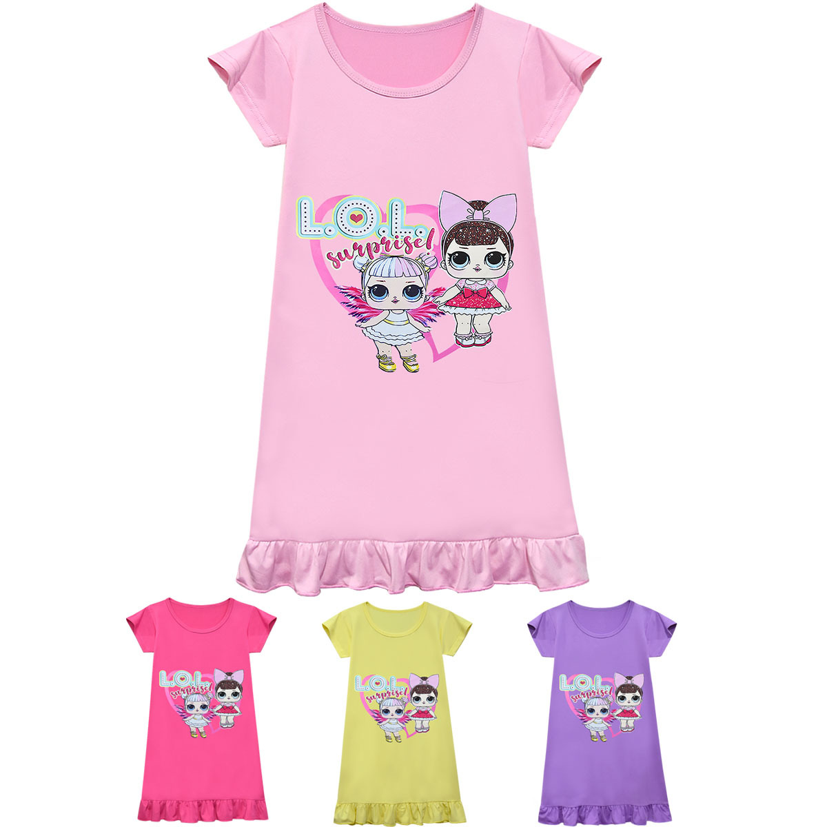 Spot 90-150 girls long sleeping dress doll cartoon children's short sleeve flounced skirt Q8004