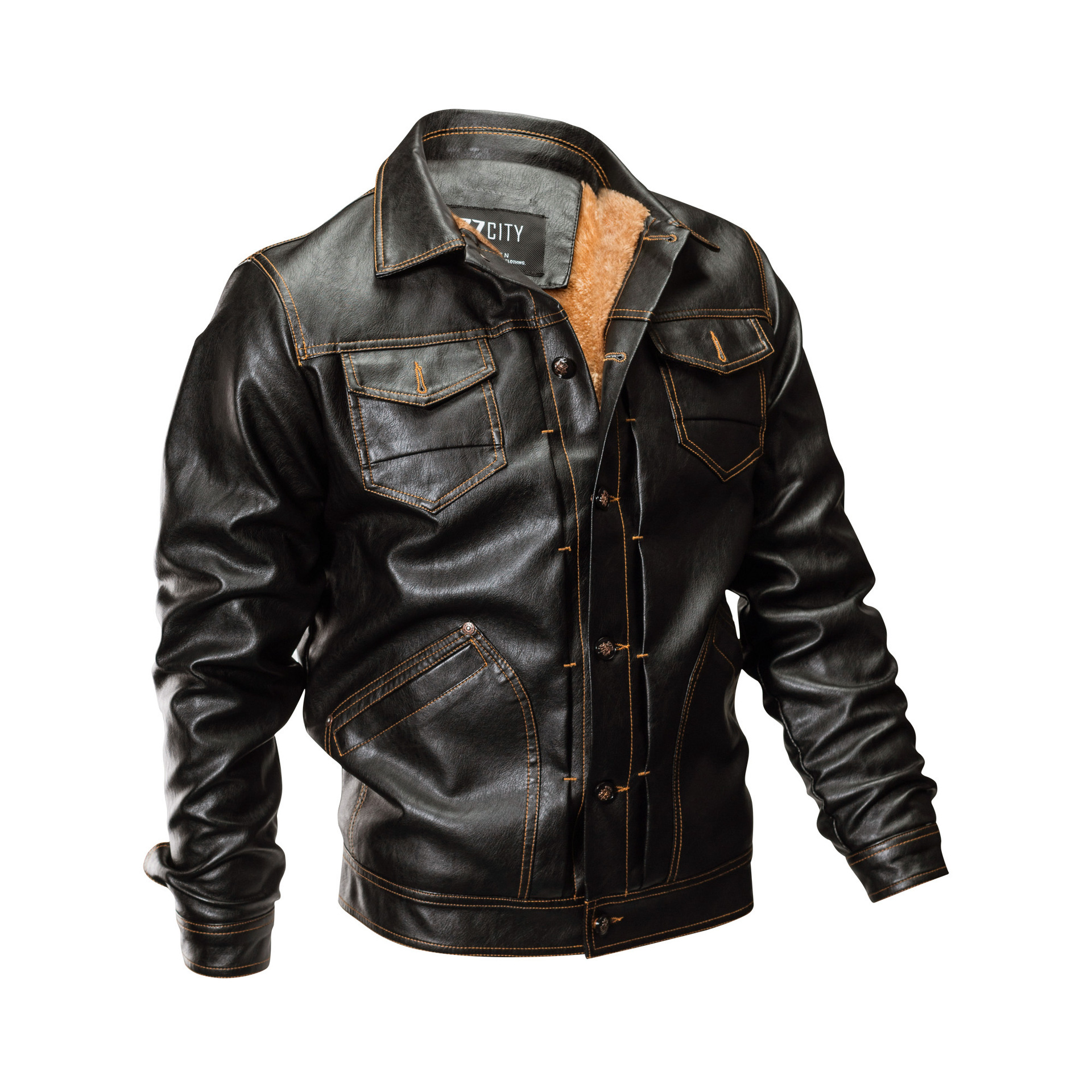 Men's Leather Jacket With Velvet Lining And Multiple Pockets_voghion.com