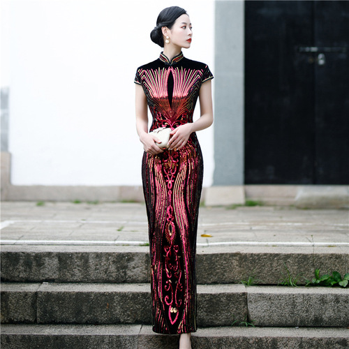 Chinese Dress Qipao for women Long short sleeve cheongsam dress with velvet sequins