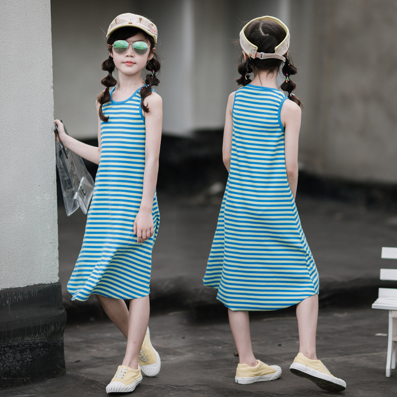Niñas vestido 2023 nuevo verano estilo coreano niños grandes verano rayas chaleco falda casual sin mangas falda de los niños