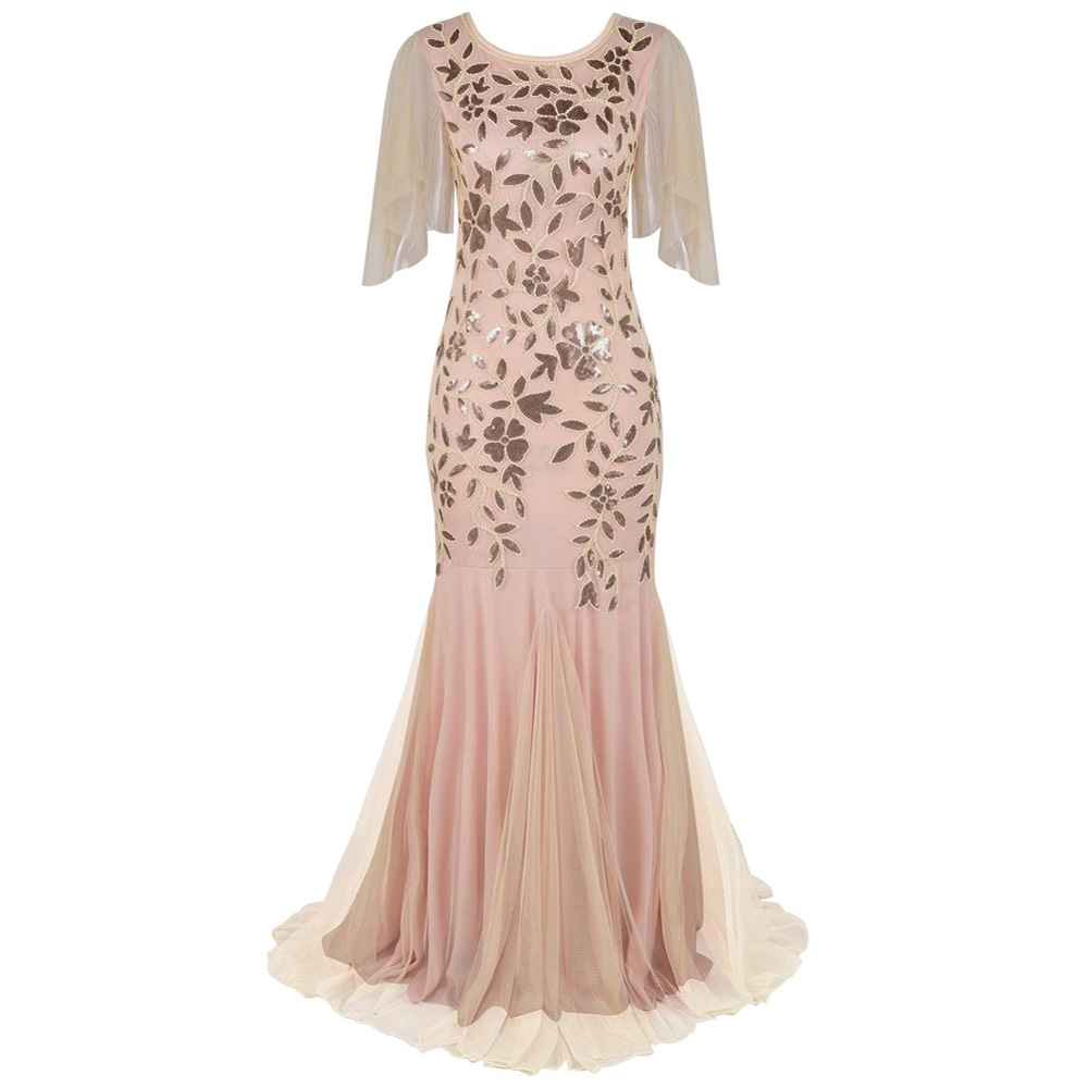 Primavera y verano 1920s vintage vestido de noche con lentejuelas dama de honor banquete largo delgado vestido de cola de pez más tamaño ropa de mujer en stock