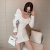 Autumn long sleeve square neck style dress solid color waistband slim A-line skirt