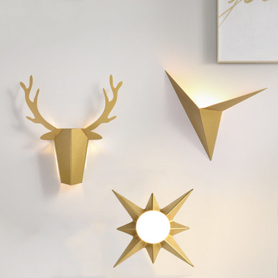 北欧创意金色太阳壁灯个性卧室床头客厅背景墙过道铁艺鹿角壁灯|ms
