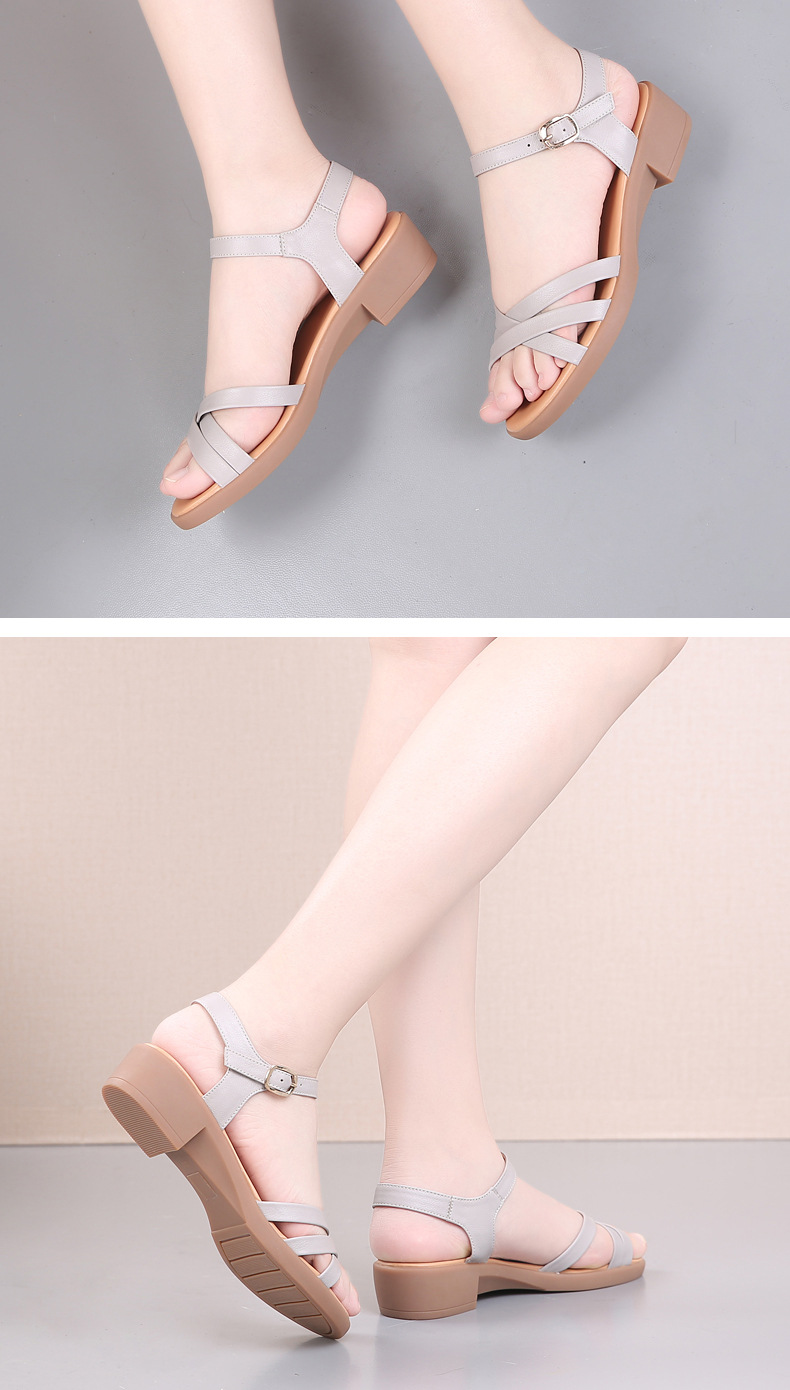Sandal nữ đế bệt da thật quai chữ V thoải mái cho người trung niên — Màu đen chi tiết 10