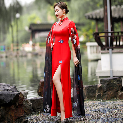 Improved version of cheongsam chinese dress Tang suit female Chinese style retro catwalk performance costume high-slit cheongsam