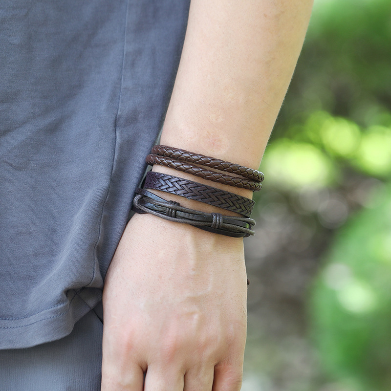 Punk style retro multi-layer leather 10 piece set braided bracelet hand rope