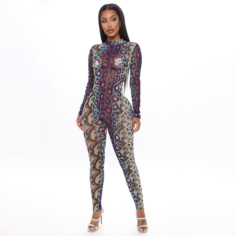 Snake Print Long-Sleeved Bodysuit Jumpsuit NSSWF69503