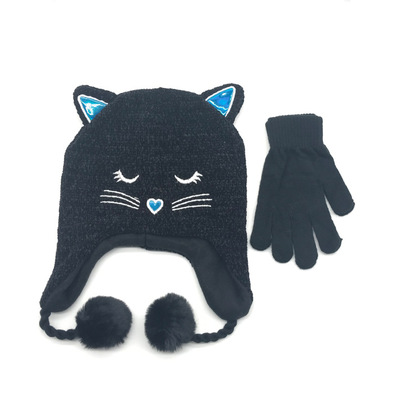 卡通动物猫咪针织秋冬季保暖帽子手套两件套小猫毛球针织帽子|ru