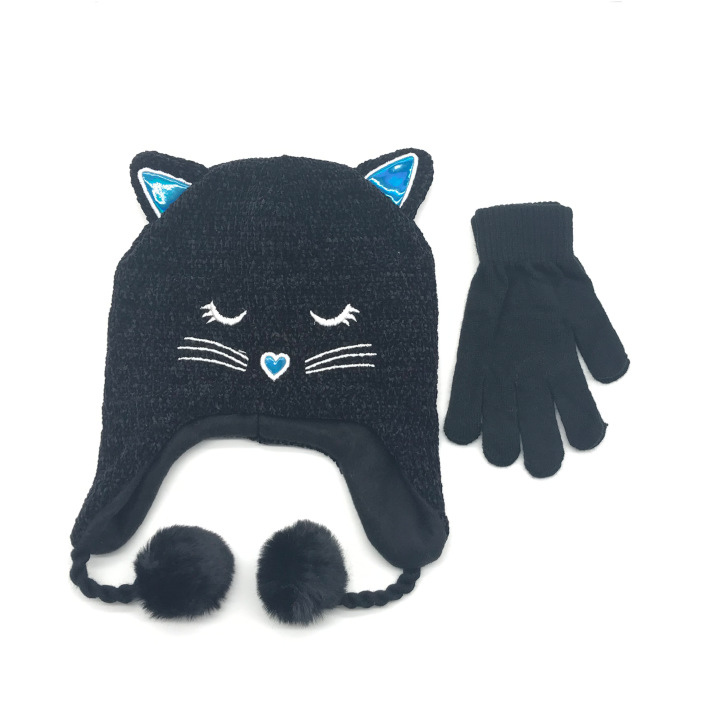 卡通动物猫咪针织秋冬季保暖帽子手套两件套小猫毛球针织帽子|ru