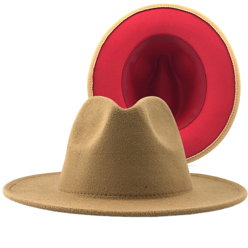 Sombrero De Jazz De Ala Plana Para Mujer De Fieltro Con Bloqueo De Color De Doble Cara Con Parte Superior De Lana Retro display picture 2